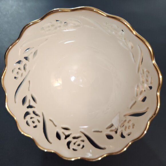 VTG LENOX IVORY FINE PORCELAIN PIERCED ROSES 24K GOLD TRIM DISH BOWL MADE in USA - Picture 6 of 6